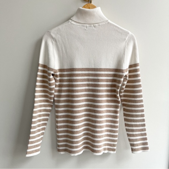 Orvis Ribbed Knit Cotton Blend Turtleneck Sweater Cream Tan Striped M - Picture 2 of 5
